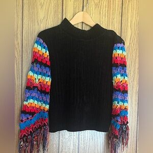 Michael Simon Black Sweater with Rainbow Crochet Fringe Sleeves